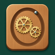 Pocket Mechanism app icon with two brass gears on a wooden panel